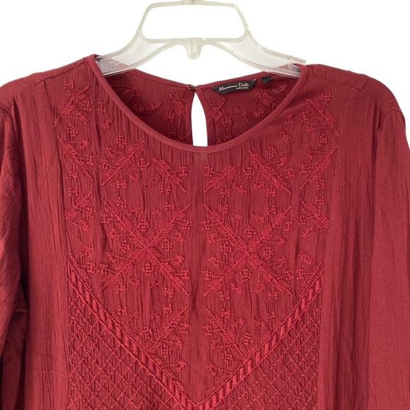Massimo Dutti Embroidered Maroon Drop Waist Boho Mini Dress size 8 - Picture 2 of 8